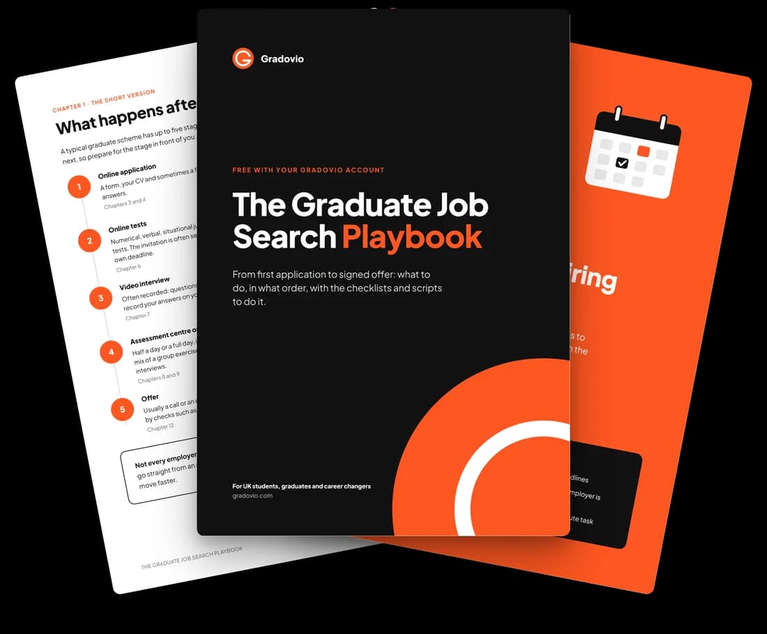 The Graduate Job Search Playbook: the cover, with two of its inside pages fanned out behind it